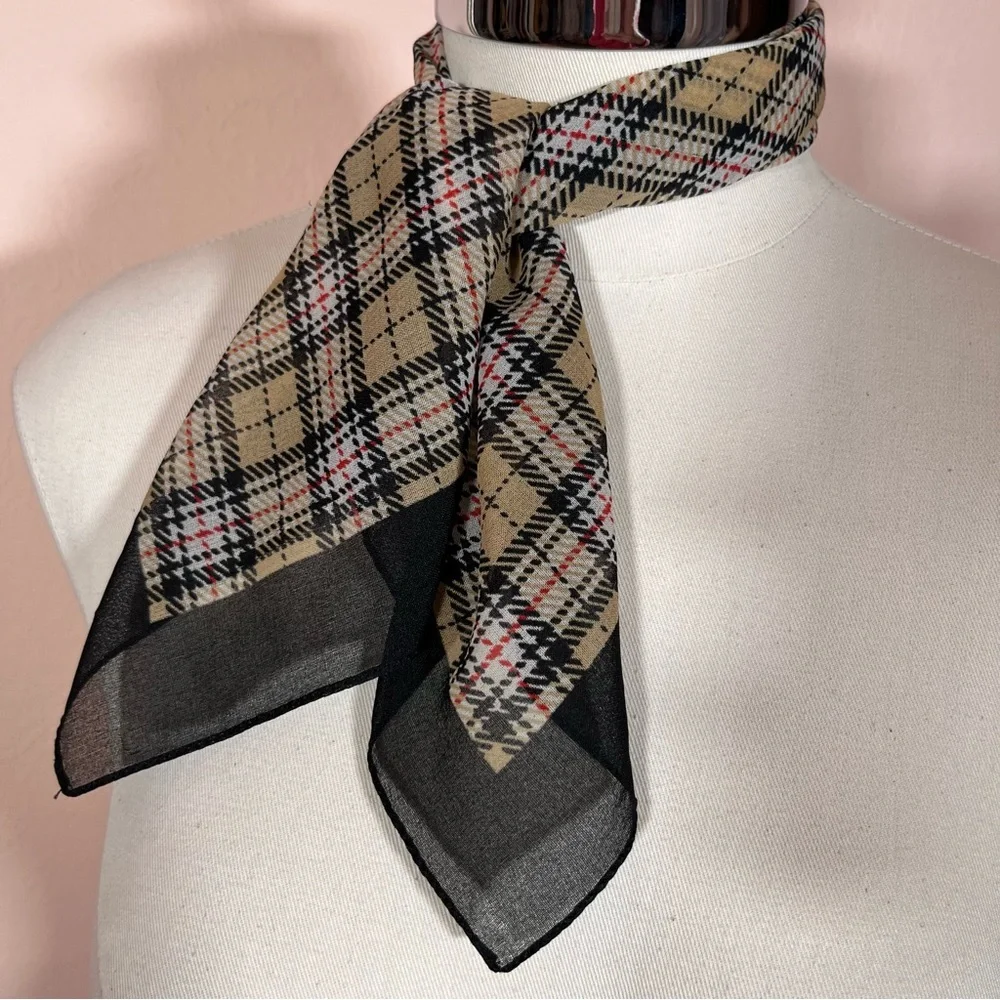 Vintage 80 90 Retro Camel Tan Black Academia Plaid classic Preppy Neck Scarf - Picture 4 of 13